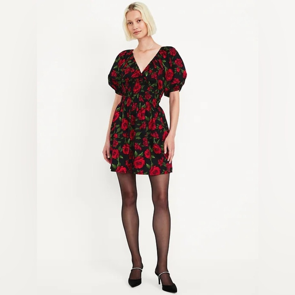 Old Navy Black Mini Dress with Red Rose Print